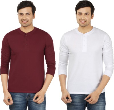 weardo Solid Men Henley Neck White, Maroon T-Shirt