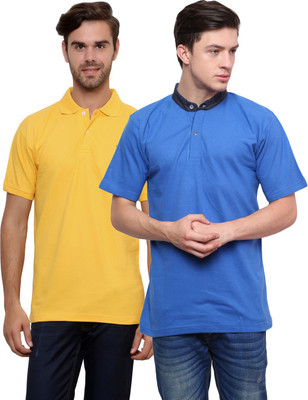 

Lemon & Vodka Solid Men's Mandarin Collar Yellow, Blue T-Shirt(Pack of 2