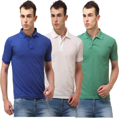

Lime Solid Men's Polo Neck White, Blue T-Shirt(Pack of 3