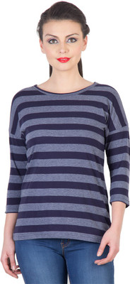 

Hypernation Striped Women's Round Neck Dark Blue, Grey T-Shirt