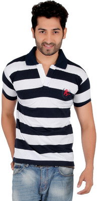 

Awack Striped Men's Polo Neck White, Blue T-Shirt
