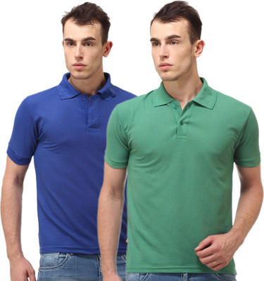 

Lime Solid Men' Polo Neck Blue, Green T-Shirt(Pack of 2