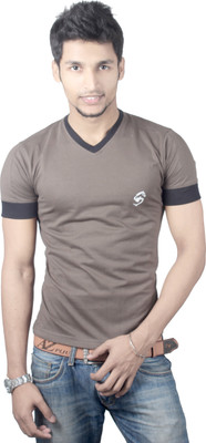 

Spur Solid Men' V-neck Brown T-Shirt, Khakhi