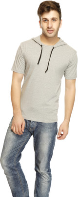 

Gritstones Solid Men's Hooded Grey T-Shirt, Grey melange