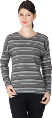Hypernation Striped Women' Round Neck Black, Grey T-Shirt