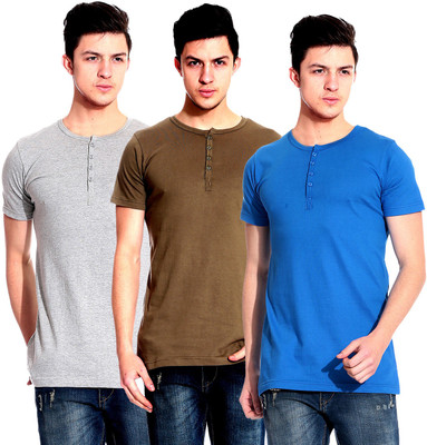 

Lemon & Vodka Solid Men's Henley Multicolor T-Shirt(Pack of 3), Grey