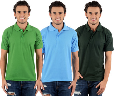 

Blaze Solid Men's Polo Neck Multicolor T-Shirt(Pack of 3, Dark green;light green;sky blue