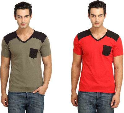 

Fio Solid Men's V-neck Brown, Red T-Shirt(Pack of 2