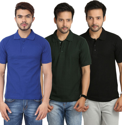 

Weardo Solid Men's Polo Neck Black, Green, Blue T-Shirt(Pack of 3, Black;bottle green;royal blue