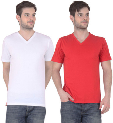 

FnMe Solid Men' V-neck Multicolor T-Shirt(Pack of 2, Red;white