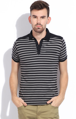 

Mufti Striped Men's Polo Neck Grey, Black T-Shirt