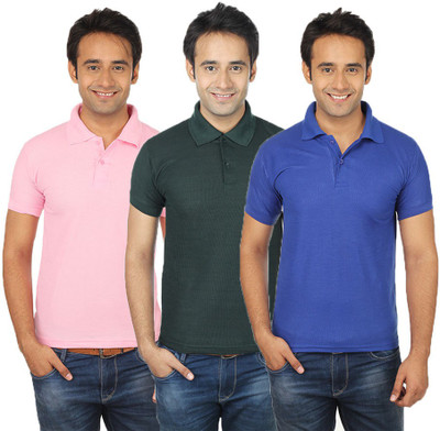 

Quetzal Solid Men's Polo Neck Multicolor T-Shirt(Pack of 3, Blue;green;pink