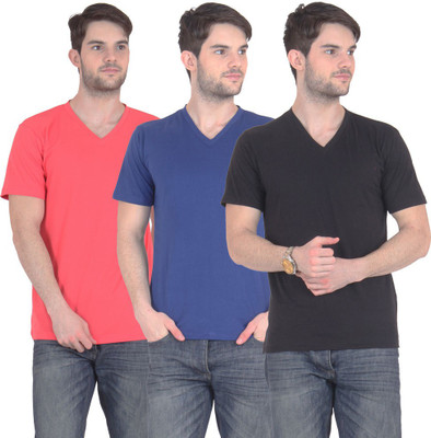 

FnMe Solid Men's V-neck Multicolor T-Shirt(Pack of 3, Black;blue;carrot