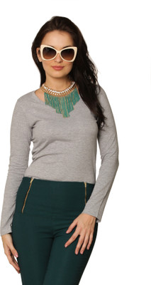 

Miss Chase Solid Women' Round Neck Grey T-Shirt, Grey melange