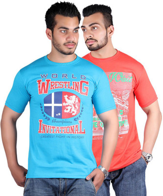 

Shineway Graphic Print Men's Round Neck Multicolor T-Shirt(Pack of 2, Carrot;turquoise