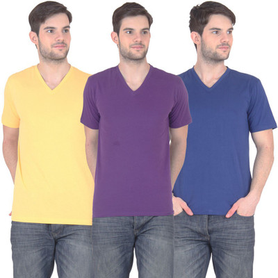 

FnMe Solid Men' V-neck Multicolor T-Shirt(Pack of 3, Blue;purple;yellow