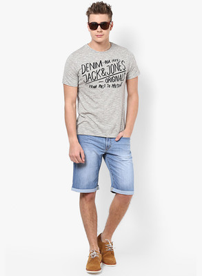 

Jack & Jones Graphic Print Men's Round Neck Grey T-Shirt, Light grey melange