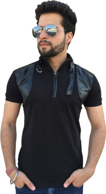 

Tees Collection Solid Men's Flap Collar Neck Black T-Shirt