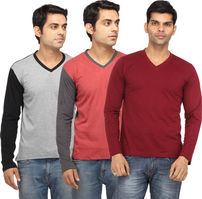 

Leana Solid Men's V-neck Red, Red, Grey T-Shirt(Pack of 3, Grey;red