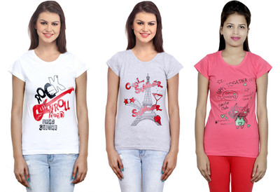 Indistar Printed Women Round Neck White, Pink, Grey T-Shirt