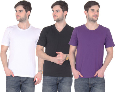 

E'Hiose Solid Men' V-neck Multicolor T-Shirt(Pack of 3, Black_v;purple_r;white_r