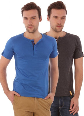 

Campus Sutra Solid Men Henley Blue, Grey T-Shirt(Pack of 2), Charcoal;royal blue