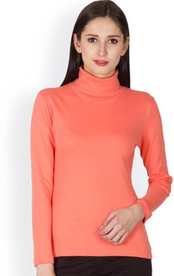 

Hypernation Solid Women' Turtle Neck Orange T-Shirt