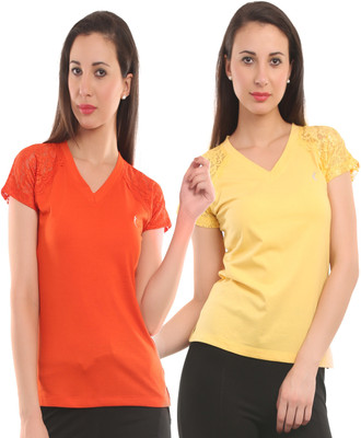 

Ultra Fit Solid Women's V-neck Yellow, Orange T-Shirt(Pack of 2), Orange;yellow