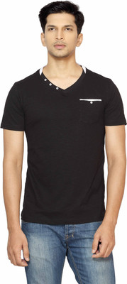 

La Seven Solid Men's V-neck Black T-Shirt