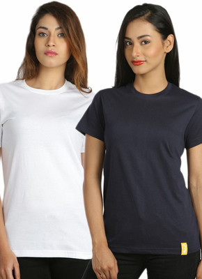 

Campus Sutra Solid Women's Round Neck White, Blue T-Shirt(Pack of 2)