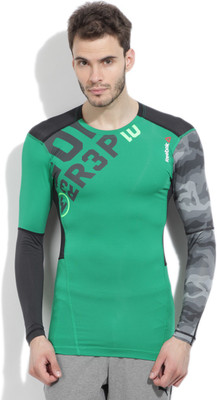 

REEBOK Printed Men's Round Neck Black, Grey, Green T-Shirt, Basil green