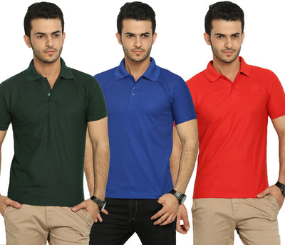 

Merlin Solid Men's Polo Neck Red, Blue, Green T-Shirt(Pack of 3, Blue;green;red