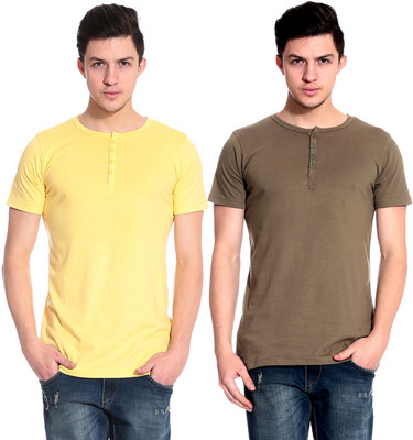 

Lemon & Vodka Solid Men's Henley Yellow, Brown T-Shirt(Pack of 2