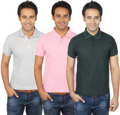 

Quetzal Solid Men's Polo Neck Multicolor T-Shirt(Pack of 3, Green;grey;pink