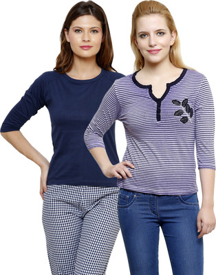 

LimeBerry Striped Women's V-neck Purple, Dark Blue T-Shirt(Pack of 2, Dark blue;purple