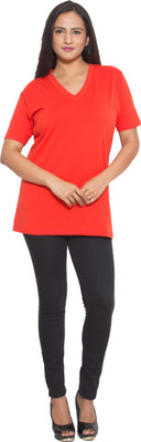 

Finesse Solid Women' V-neck Red T-Shirt