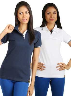 

Campus Sutra Solid Women' Polo Neck Blue, White T-Shirt(Pack of 2