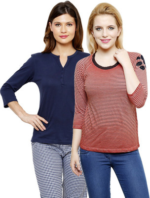 

LimeBerry Striped, Solid Women's Round Neck Red, Dark Blue T-Shirt(Pack of 2, Dark blue;red