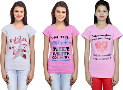 Indistar Printed Women Round Neck Pink, Grey T-Shirt