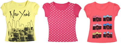 Poppers by Pantaloons Girls Graphic Print T Shirt(Multicolor, Light yellow