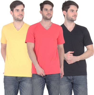 

E'Hiose Solid Men's V-neck Multicolor T-Shirt(Pack of 3, Black;carrot;yellow