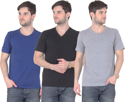 

E'Hiose Solid Men's V-neck Multicolor T-Shirt(Pack of 3, Black_v;blue_r;grey_r