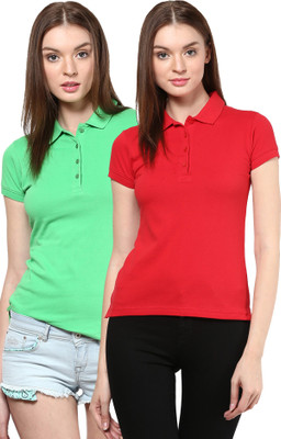 

Trend18 Solid Women's Polo Neck Green, Red T-Shirt(Pack of 2)