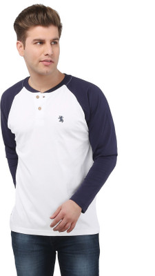 

The Cotton Company Solid Men's Henley White, Blue T-Shirt, Porcelain white and navy blue