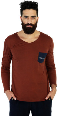

Mr Button Solid Men' V-neck Brown T-Shirt