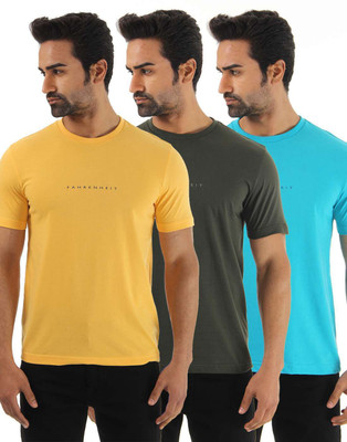 

Fahrenheit Solid Men's Round Neck Yellow, Green, Blue T-Shirt(Pack of 3, Mosaic blue/cornsilk/hunter green
