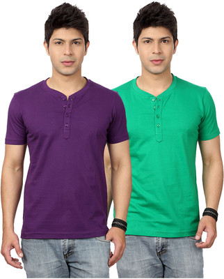 Top Notch Solid Men's Henley Purple, Green T-Shirt(Pack of 2), Purple;flag green