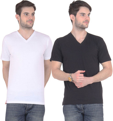 

E'Hiose Solid Men's V-neck Multicolor T-Shirt(Pack of 2, Black;white