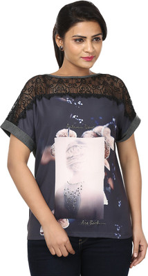 

Raw Designs Printed Women's Scoop Neck Grey T-Shirt, Simple grey;voguish blue