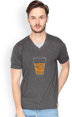 Campus Sutra Solid Men V-neck Grey T-Shirt, Charcoal